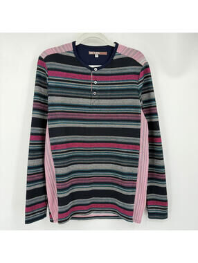 Men's Mr Turk Navy Blue Patterned Long Sleeve Henley Top XS Extra Small
